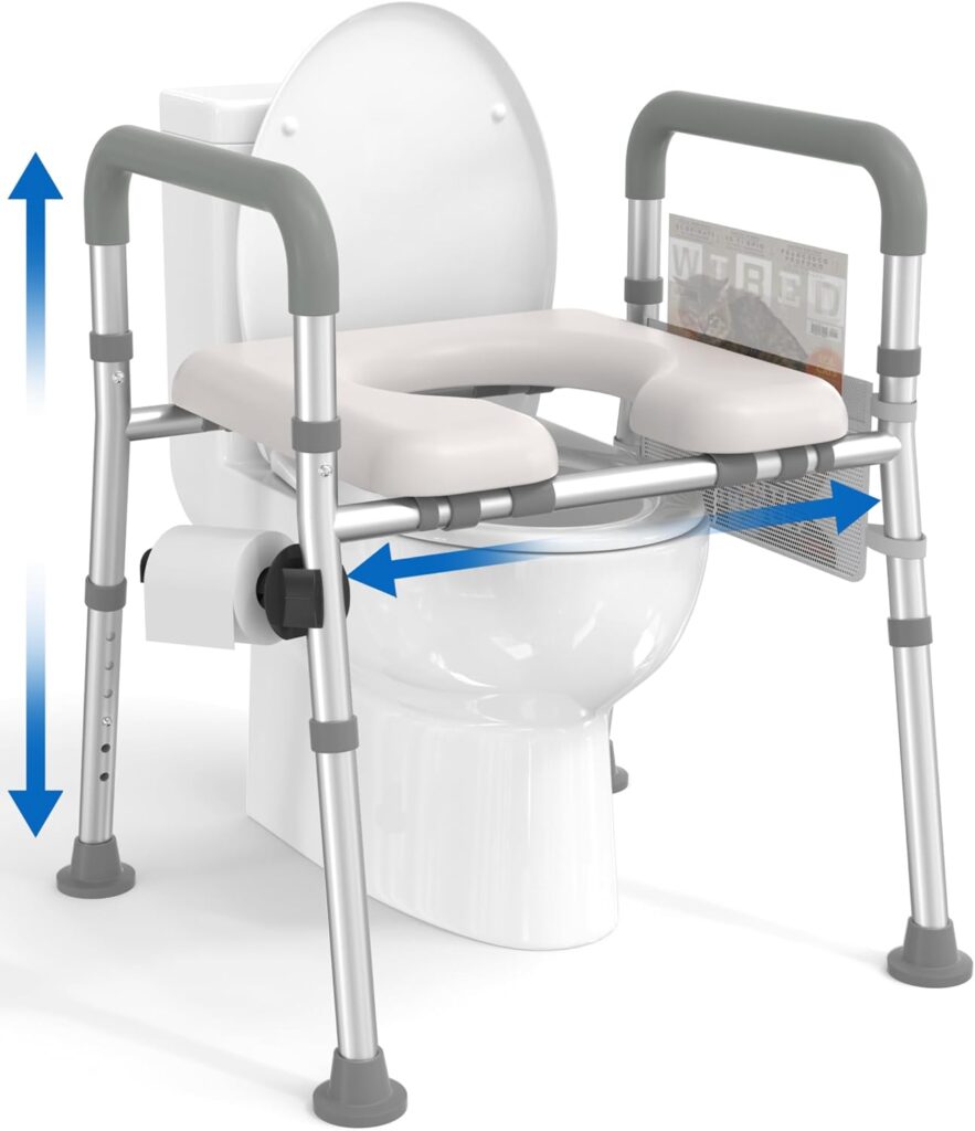 HOMLAND raised toilet seat with handles designed to help seniors sit and stand more safely and comfortably in the bathroom.
