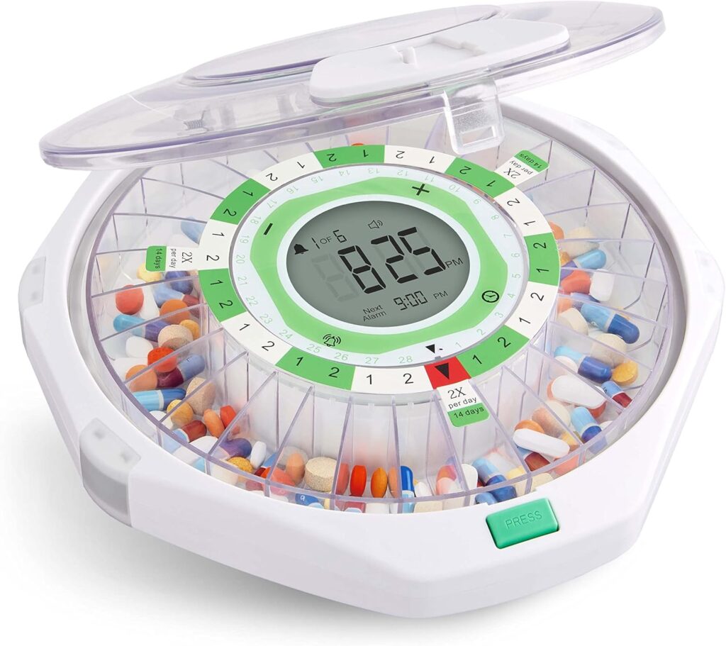 Live Fine 28-day automatic pill dispenser with frosted lid, upgraded LCD display, and key lock designed to help seniors manage medications safely and on schedule.