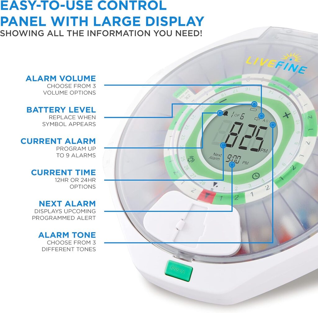 Live Fine 28-day automatic pill dispenser with frosted lid, upgraded LCD display, and key lock designed to help seniors