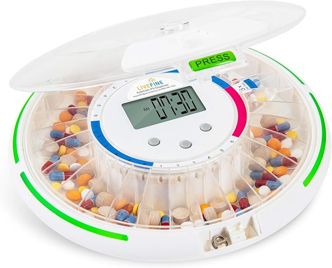 Live Fine automatic pill dispenser with 28-day electronic medication organizer designed to help seniors manage scheduled doses more safely and easily.