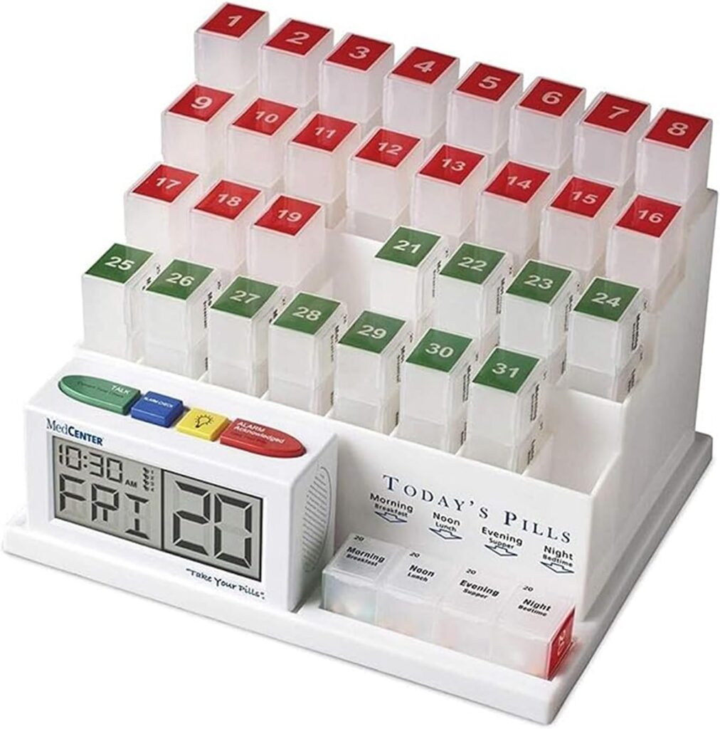 Medcenter monthly pill organizer system with 4 times a day compartments designed to help seniors manage daily medications with clear organization