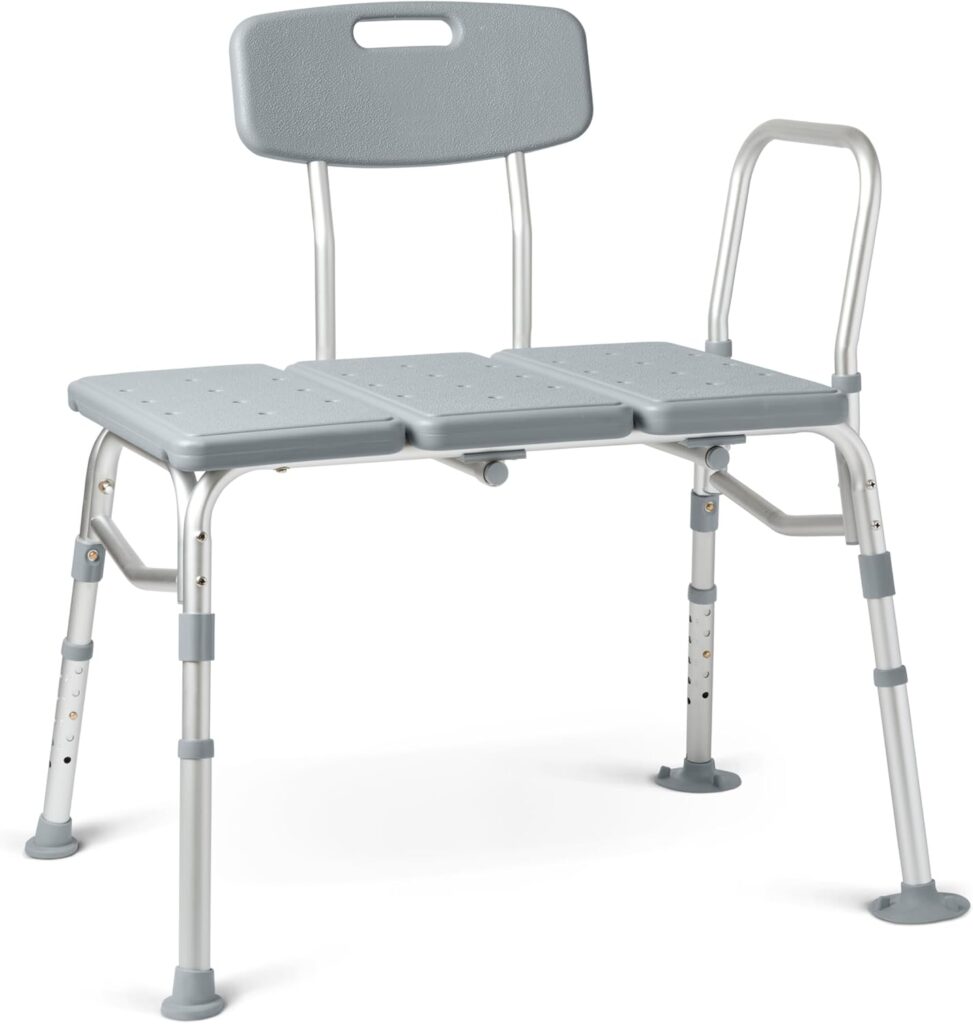 Medline transfer bench for bathtubs and showers designed to help seniors move in and out of the tub more safely and comfortably.