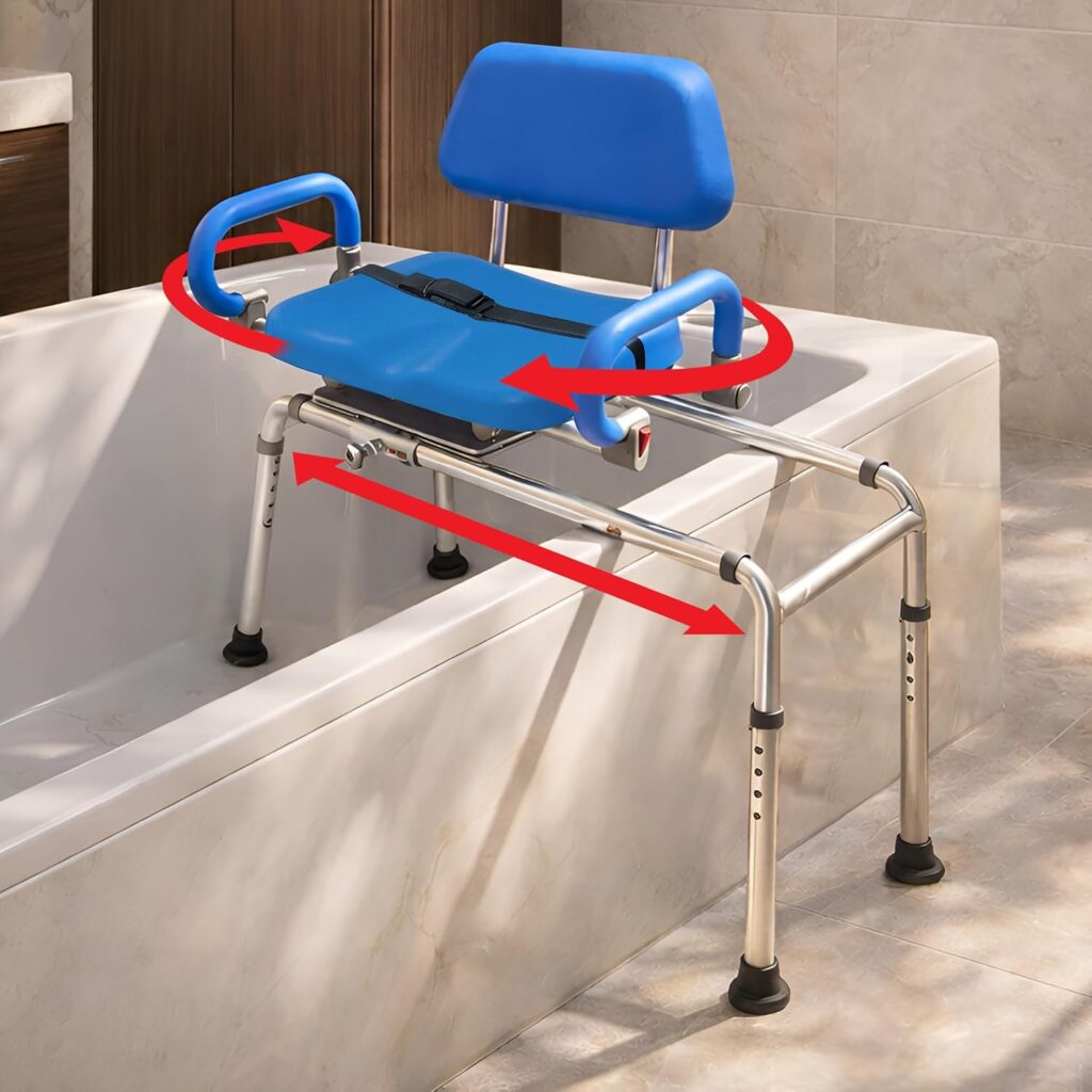 Platinum Health Carousel sliding shower chair tub transfer bench designed to help seniors transfer into the tub more safely and comfortably.