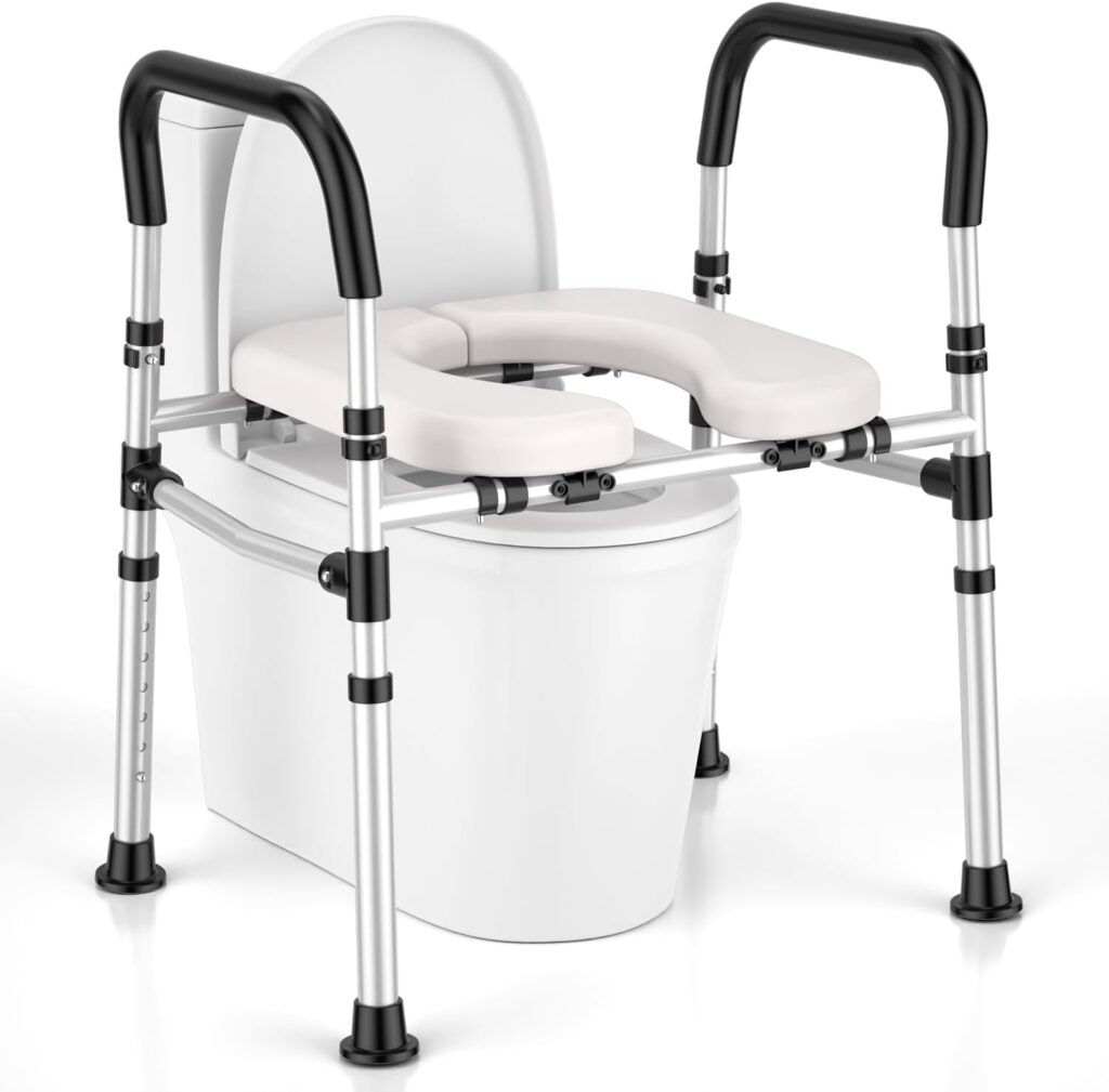 Raised toilet seat with handles designed to help seniors sit and stand more safely, easily, and comfortably in the bathroom.