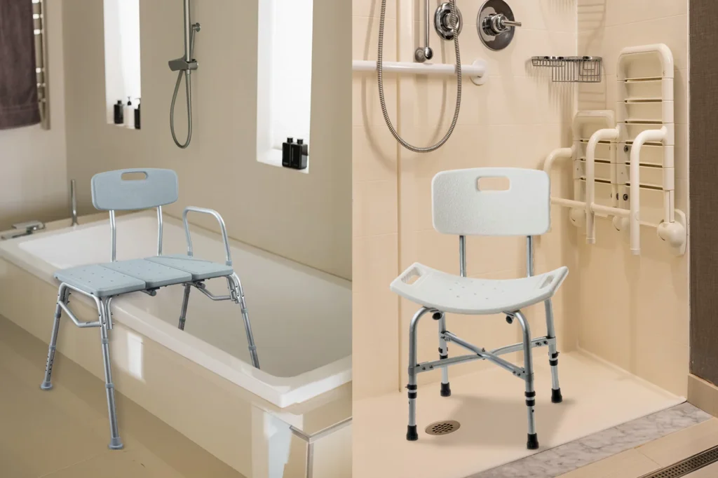 Shower chair vs transfer bench comparison showing the difference between standard bath seating and safer tub entry support for seniors.