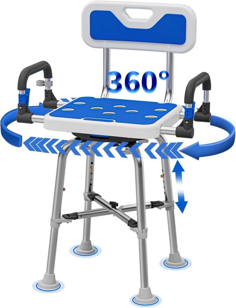 Swive shower chair with arms and back designed to provide seniors with safer, more supportive, and more comfortable seating while bathing.