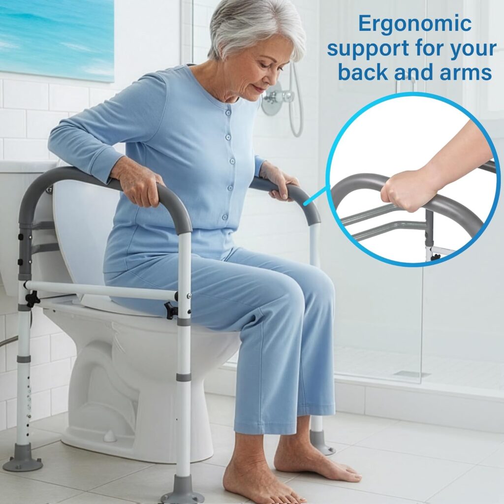Vaunn Medical deluxe adjustable and foldable toilet safety frame designed to help seniors sit and stand more safely and comfortably in the bathroom.