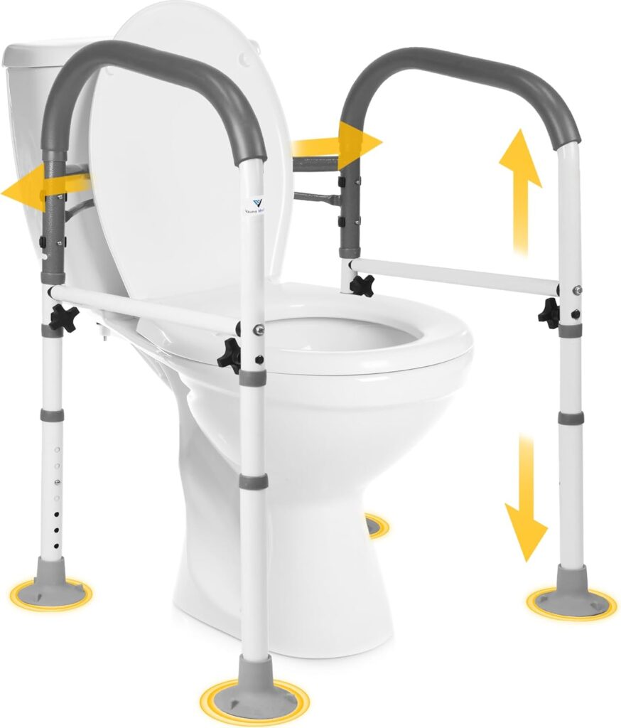 Vaunn Medical deluxe adjustable and foldable toilet safety frame designed to help seniors sit and stand more safely and comfortably in the bathroom.