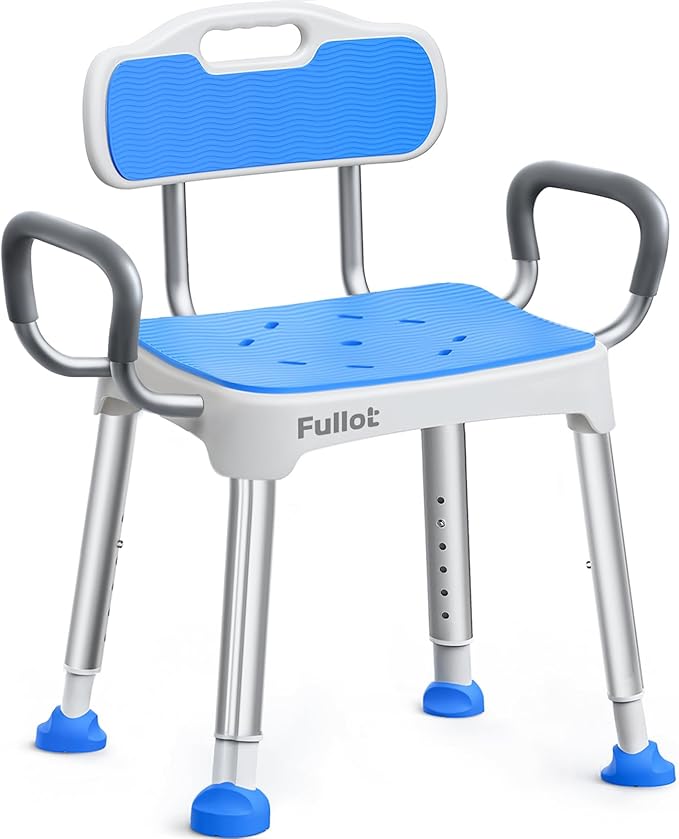 Widened shower chair for inside shower with padded back and arms designed to provide safer and more comfortable bathing support for seniors.