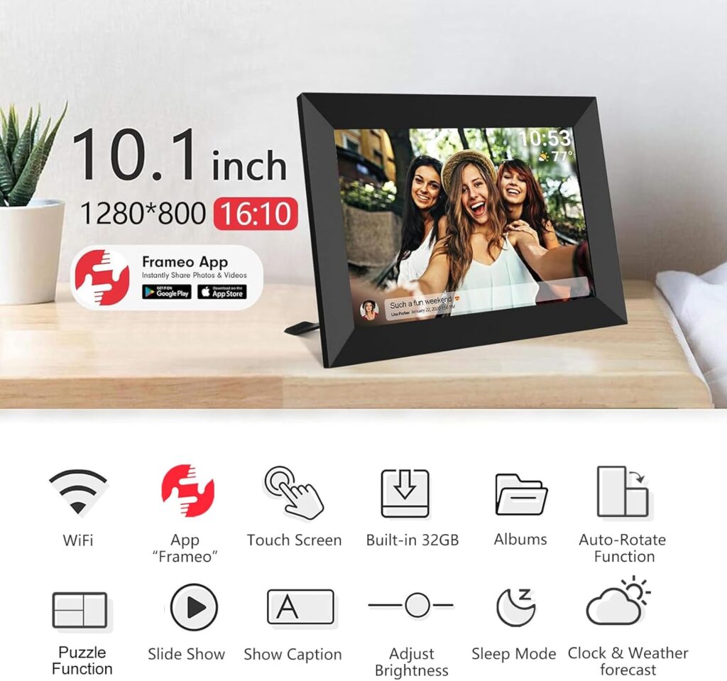 32GB Frameo 10.1 Inch Smart WiFi digital photo frame for seniors with touchscreen display