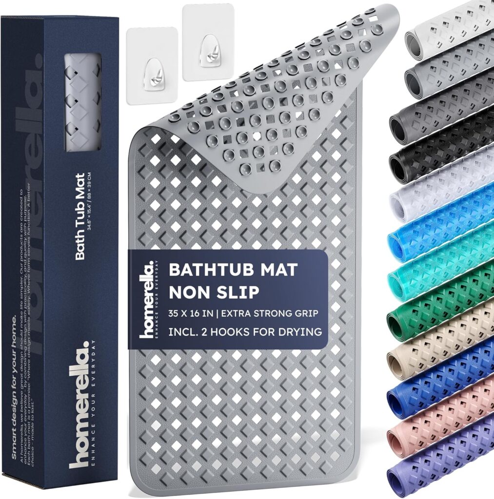 Bathtub mat non slip 35x16 by homerella with suction cups and slip-resistant surface for safer shower and tub use