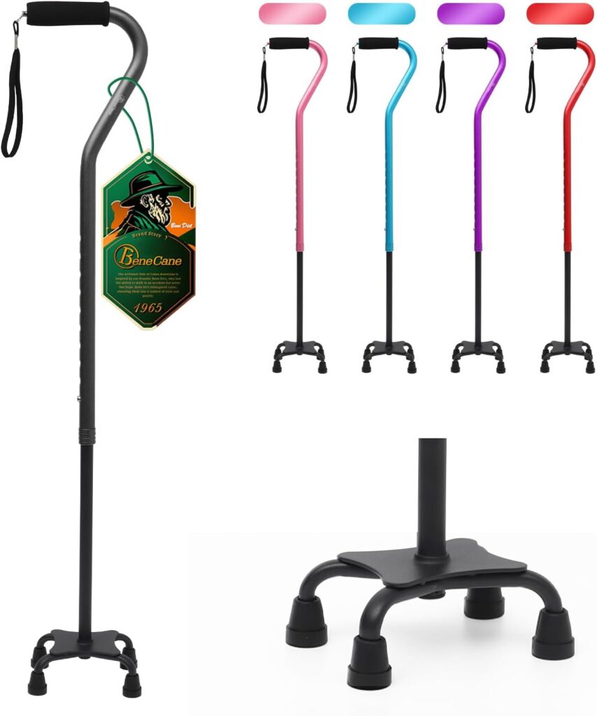BeneCane quad cane adjustable walking cane with four-prong base and ergonomic handle, designed to provide extra stability and support for safer everyday walking.