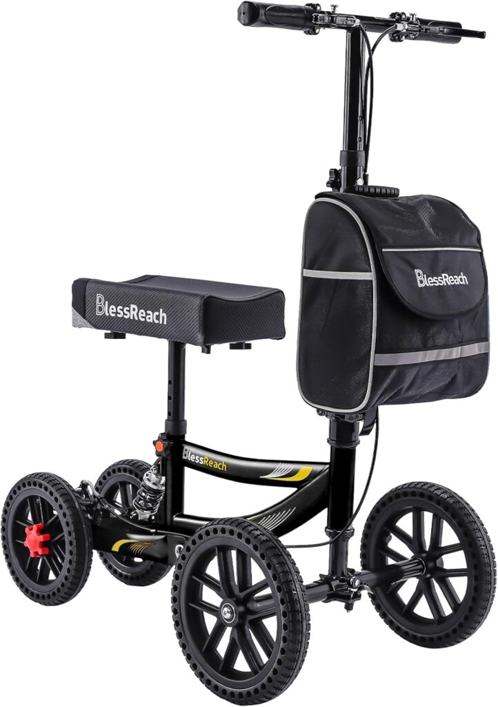 BlessReach knee scooter for seniors and adults, foldable mobility aid with padded knee platform, handlebars, and smooth rolling wheels for injury recovery.