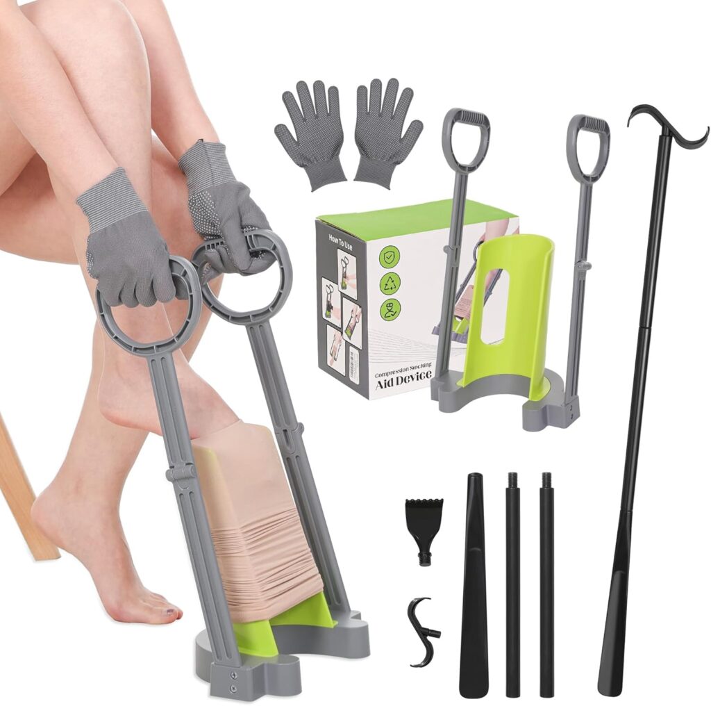Compression sock aid device for seniors that helps put on tight socks more easily with less bending