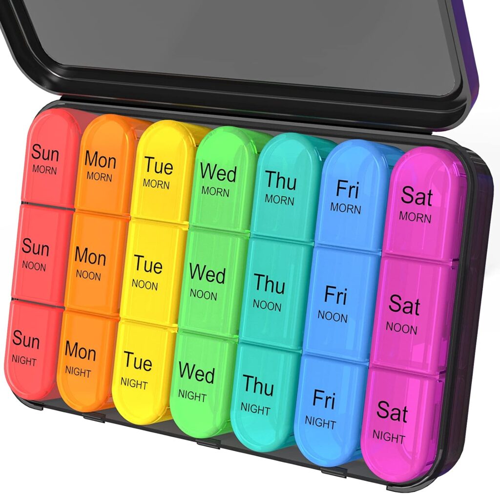 Daviky pill organizer for seniors with multiple labeled compartments for easy daily and weekly medication sorting