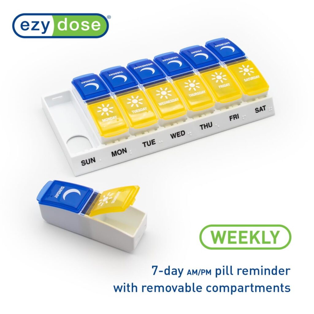 EZY DOSE Weekly pill organizer for seniors with clearly labeled compartments for simple weekly medication management