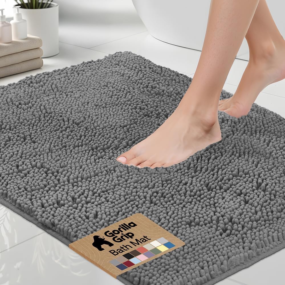 GORILLA GRIP bath rug mat with absorbent soft chenille surface and non-slip backing for safer bathroom floor use