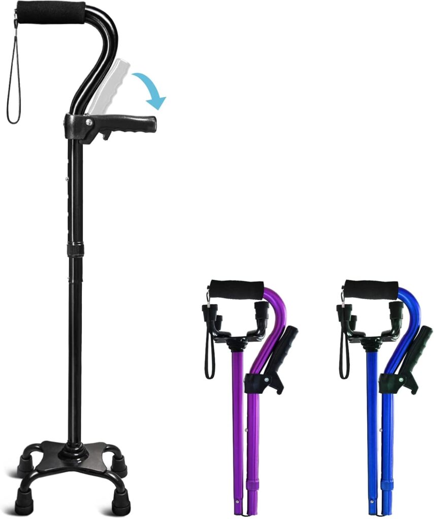 KingPavonini foldable quad cane with second handle and stable four-prong base, designed to provide extra balance and support for safer standing and walking.