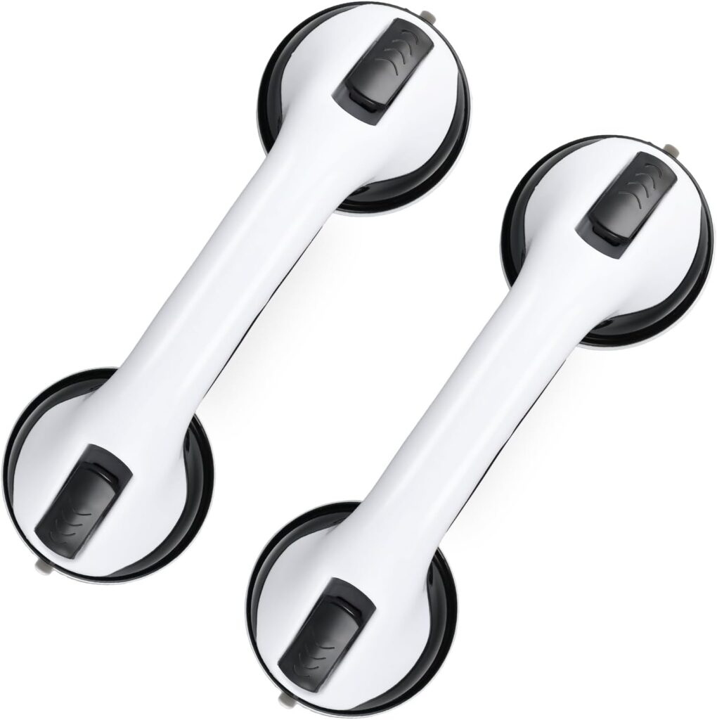 MCDEX 12 inch strong suction shower bar for seniors with portable bathroom safety support, easy grip handle, and temporary balance assistance.