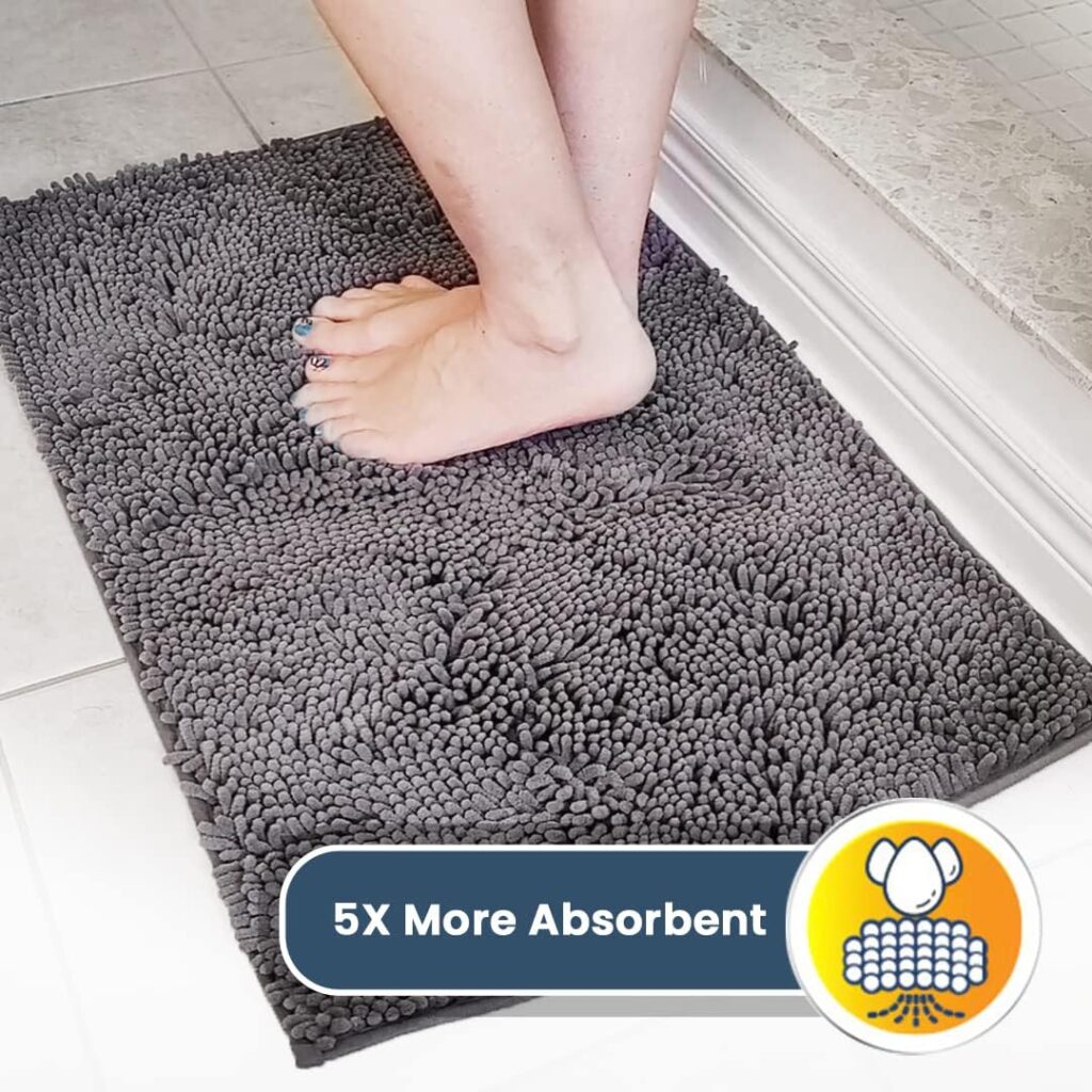 Muddy Mat super absorbent door mat with soft chenille surface and non-slip backing for safer bathroom or entryway floor use
