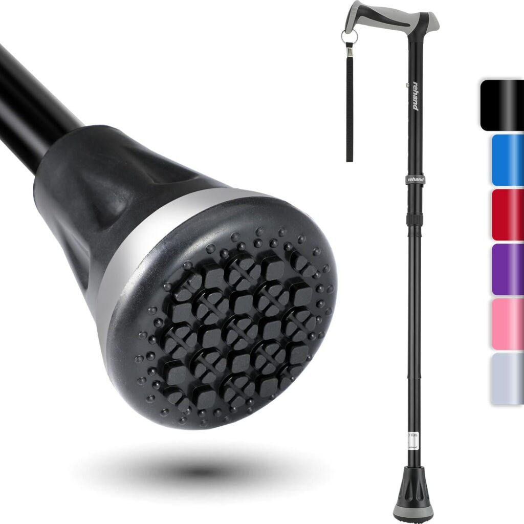REHAND foldable all terrain cane with sturdy tip and ergonomic handle, designed to provide stable support for safer walking across indoor and outdoor surfaces.