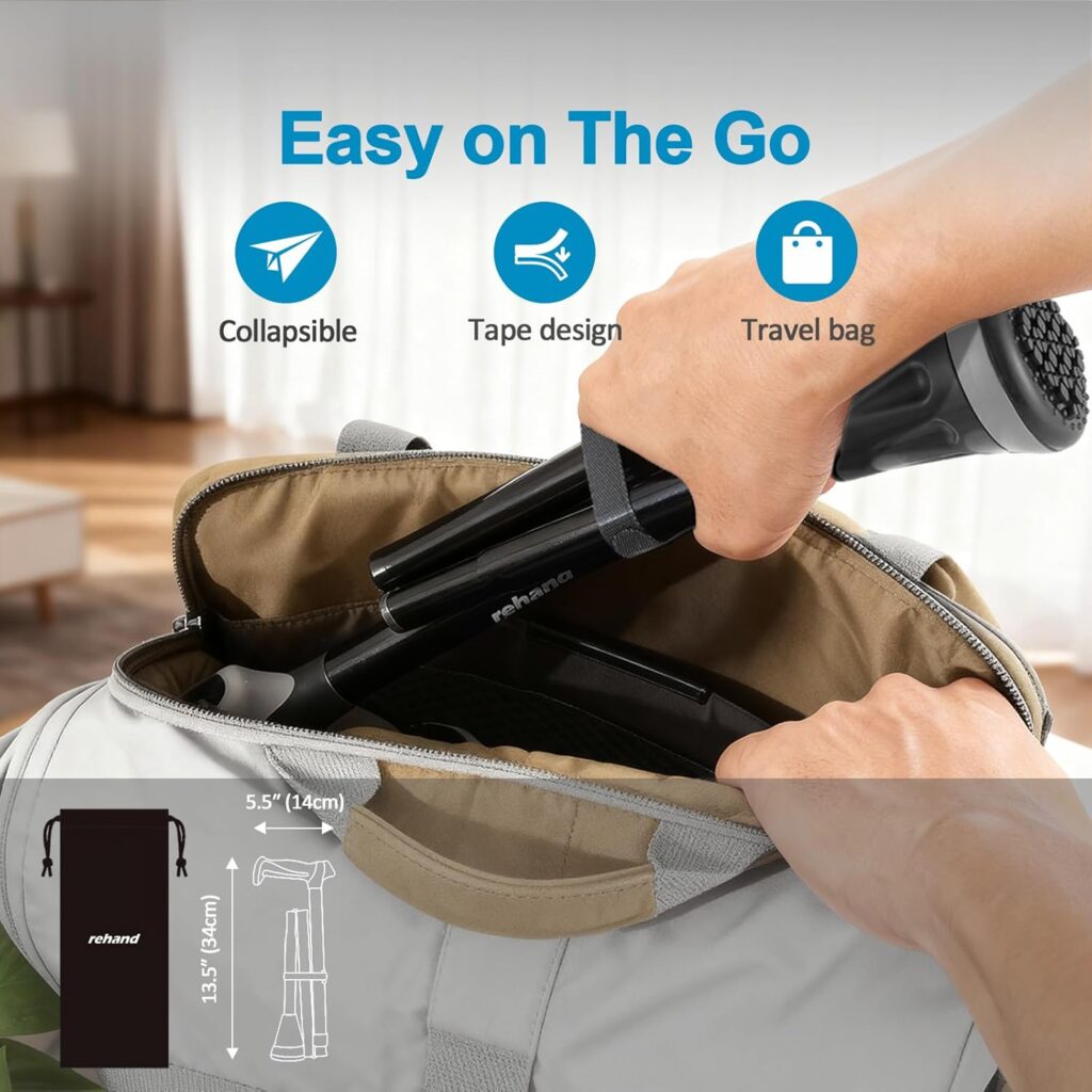 REHAND foldable all terrain cane with sturdy tip and ergonomic handle, designed to provide