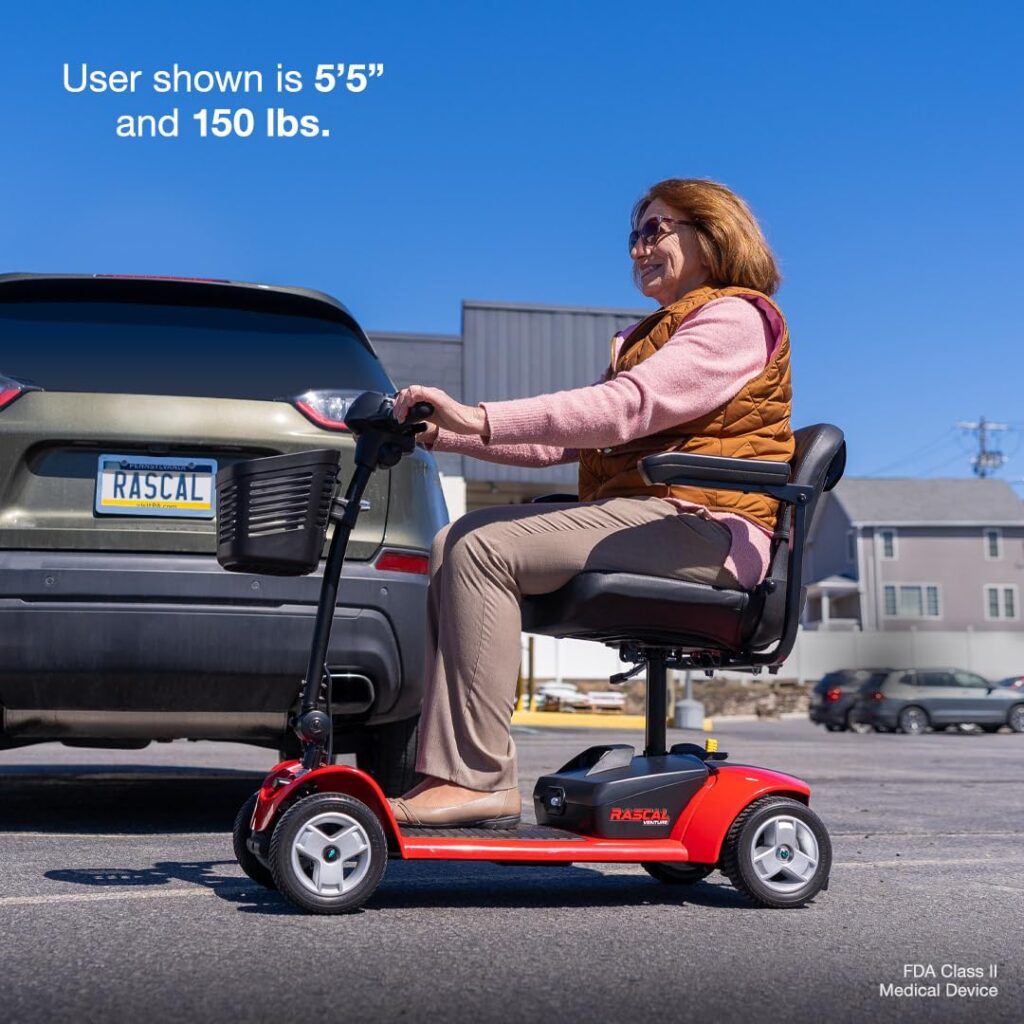 Rascal Venture 4 wheel portable mobility scooter for seniors with stable travel-friendly design, comfortable seat, and easy transport for daily mobility use.