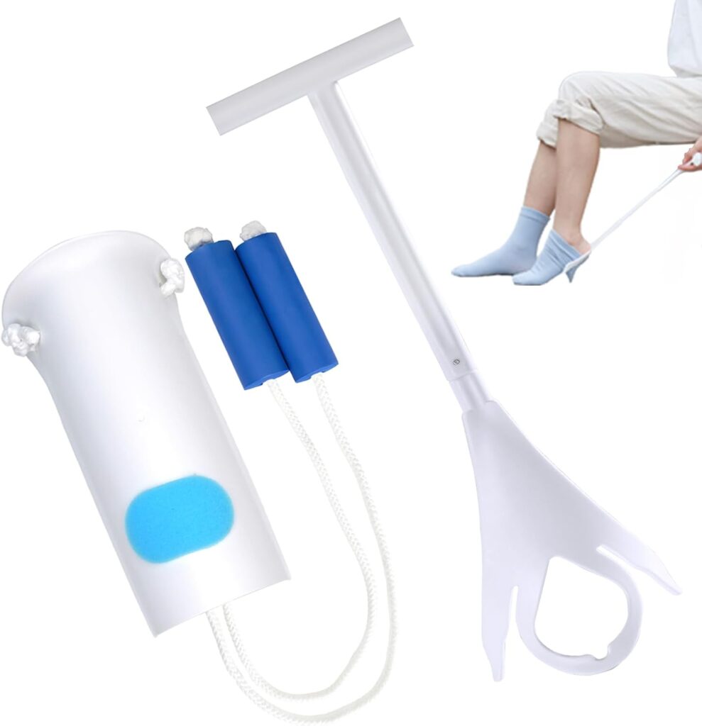 Sock aid kit with easy-on easy-off sock puller designed to help seniors put on and remove socks more easily