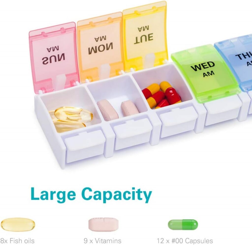 Sukuos AM PM weekly pill organizer for seniors with twice-daily compartments for easy medication management
