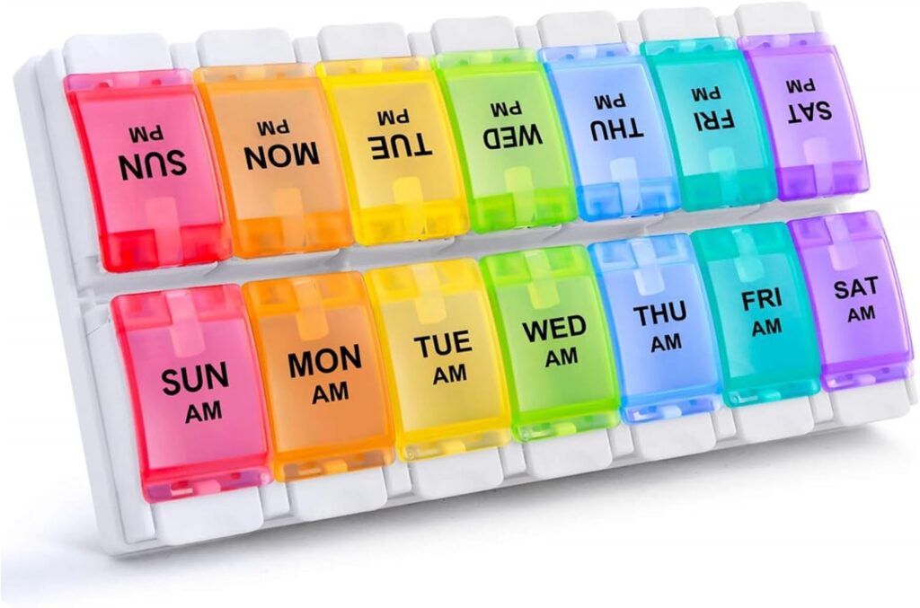Sukuos AM PM weekly pill organizer for seniors with twice-daily compartments for easy medication management