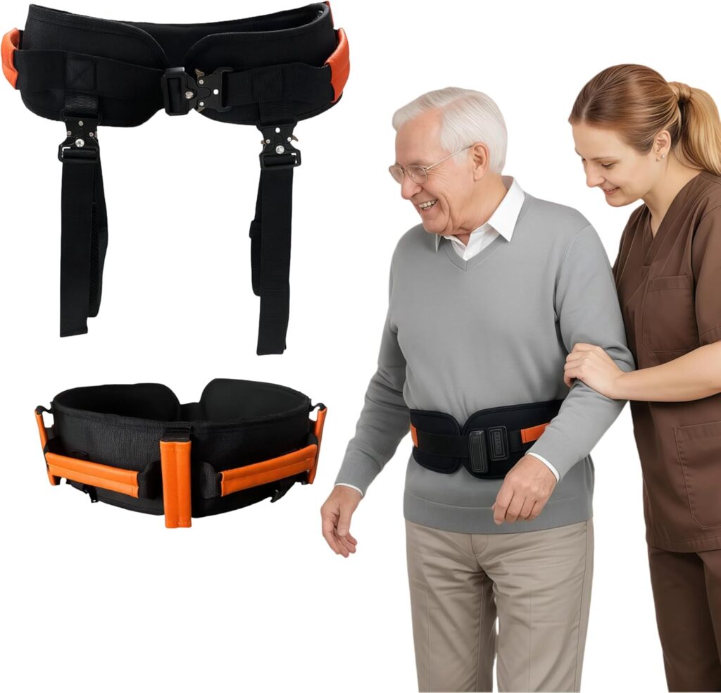 Senior transfer gait belt with metal buckle and detachable leg straps
