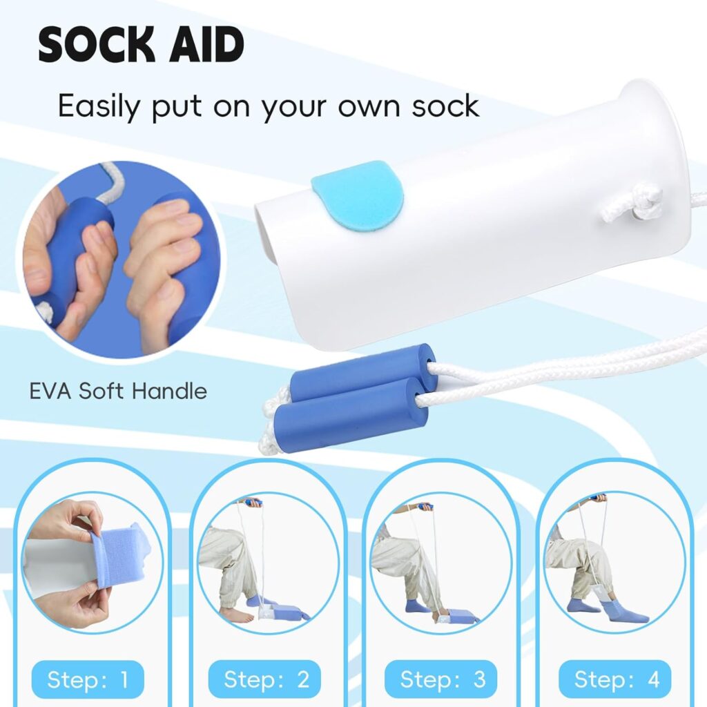 Sock aid kit with easy-on easy-off sock puller designed to help seniors put on and remove socks more easily