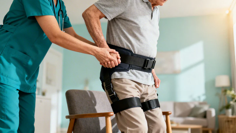 Caregiver helping an older adult stand safely using a transfer belt for senior care support